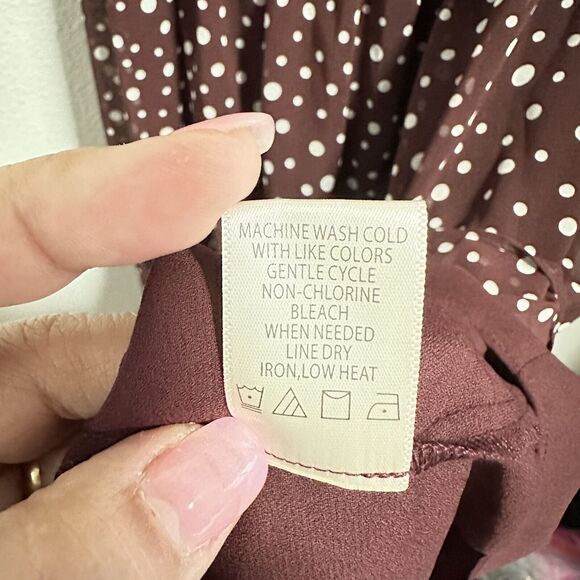 Max Studio Burgundy V Neck Polka Dot Flowy Ruffle Sleeve Dress Romantic Twee S/M - Picture 7 of 7